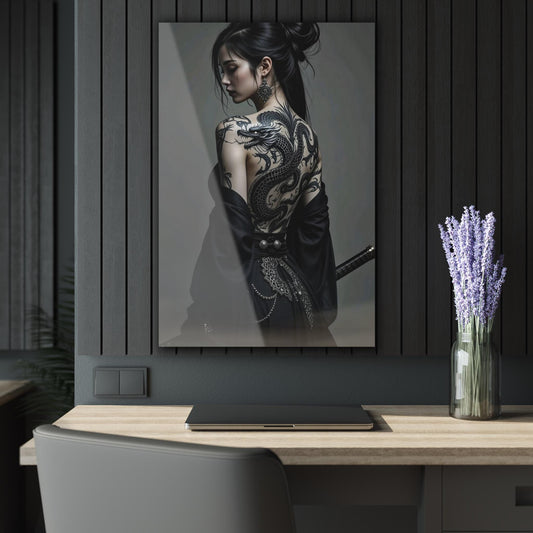 ColorFlow | Dragon Tattoo Woman Metal Art Print | Japanese Style Artwork | Samurai Aesthetic Decor | Dark Beauty Decor | Modern Decor