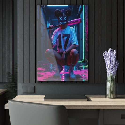 ColorFlow | Neon Mask Girl Metal Art Print | Cyberpunk Street Artwork | Dark Urban Decor | Gamer Room Decor | Night Aesthetic