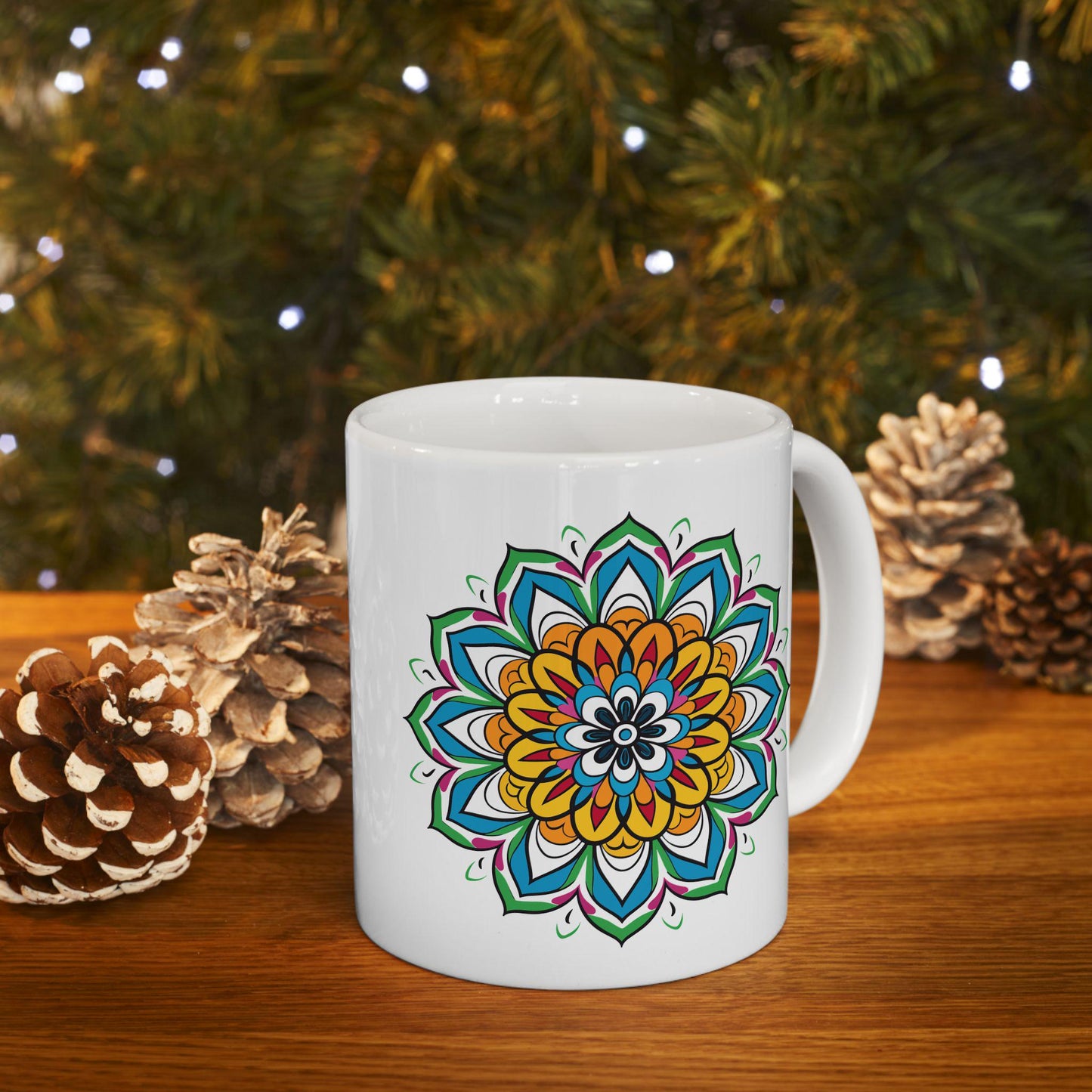 Golden Bloom Mandala Ceramic Mug | Colorful Boho Art Coffee Cup (15 oz)
