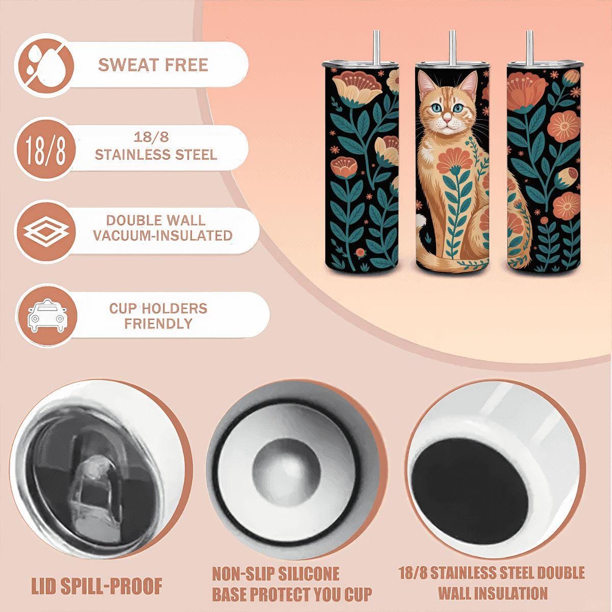 20oz Straight Stainless Steel Tumbler with Straw(Made in USA)