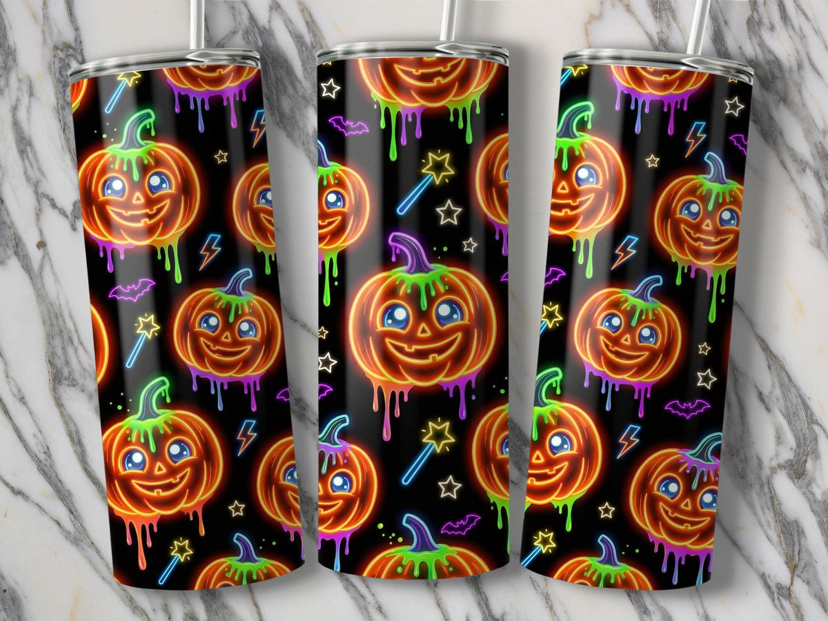 Neon Jack-o'-lanterns with dripping colors and Halloween motifs on tumblers.