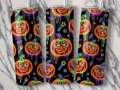 Neon Jack-o'-lanterns with dripping colors and Halloween motifs on tumblers.