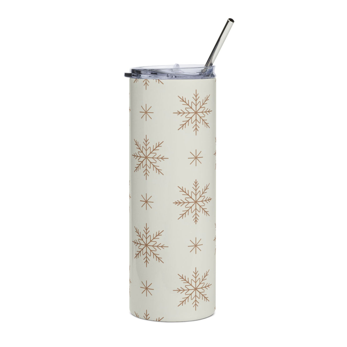 Tall tumbler with snowflake pattern and metal straw.