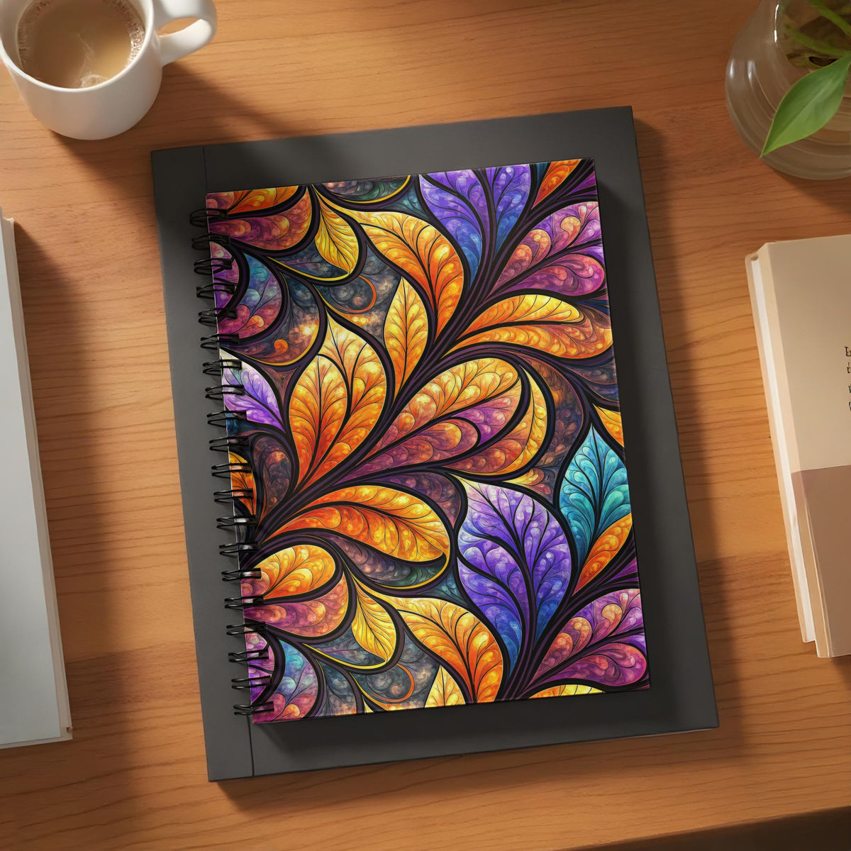 Spiral-bound notebook with colorful stained-glass leaf pattern on cover.