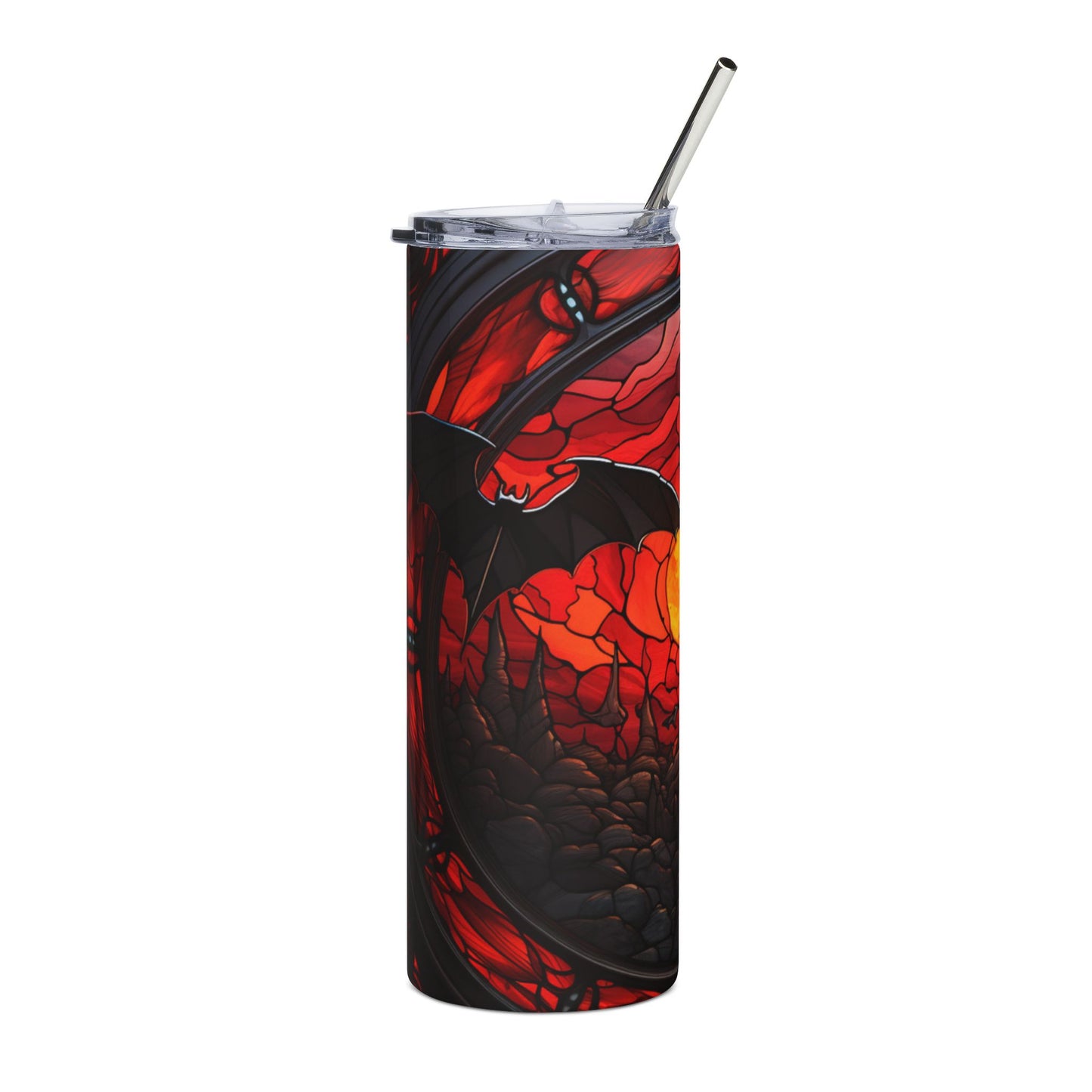 Tall tumbler with a black bat and red stained-glass design, silver straw.
