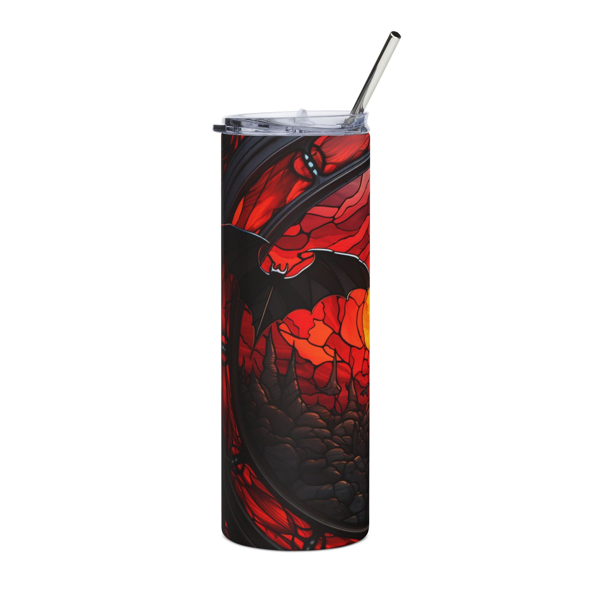 Tall tumbler with a black bat and red stained-glass design, silver straw.