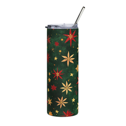 Green tumbler with red and gold star and flower pattern and metal straw.