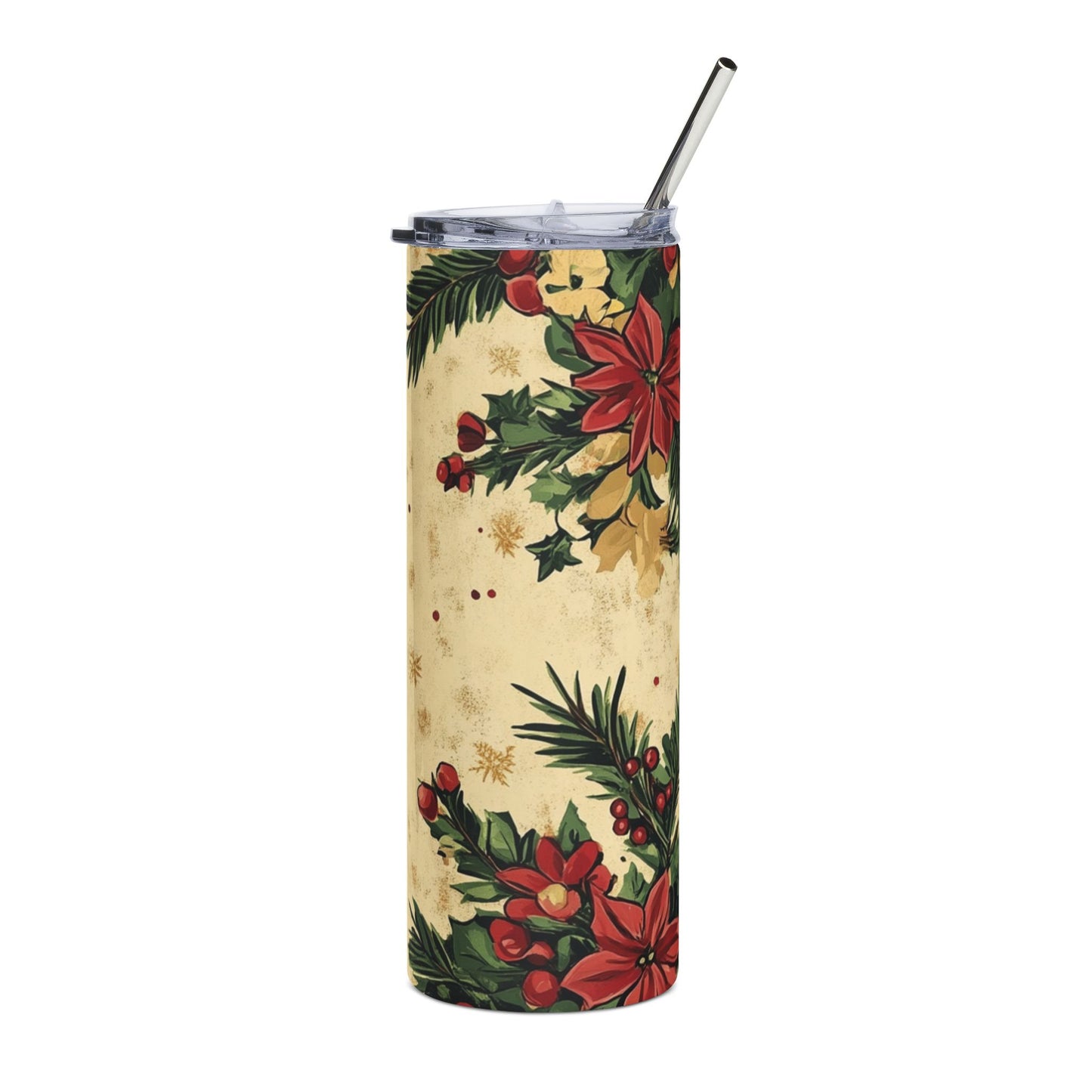 Tumbler with a festive floral pattern, featuring poinsettias and greenery.