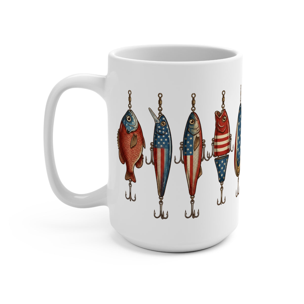 White mug with American flag-themed fishing lures displayed in a row.