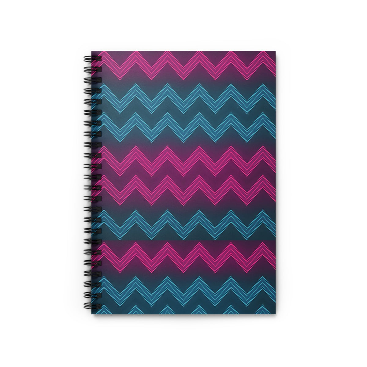 Spiral-bound notebook with pink and teal chevron pattern.