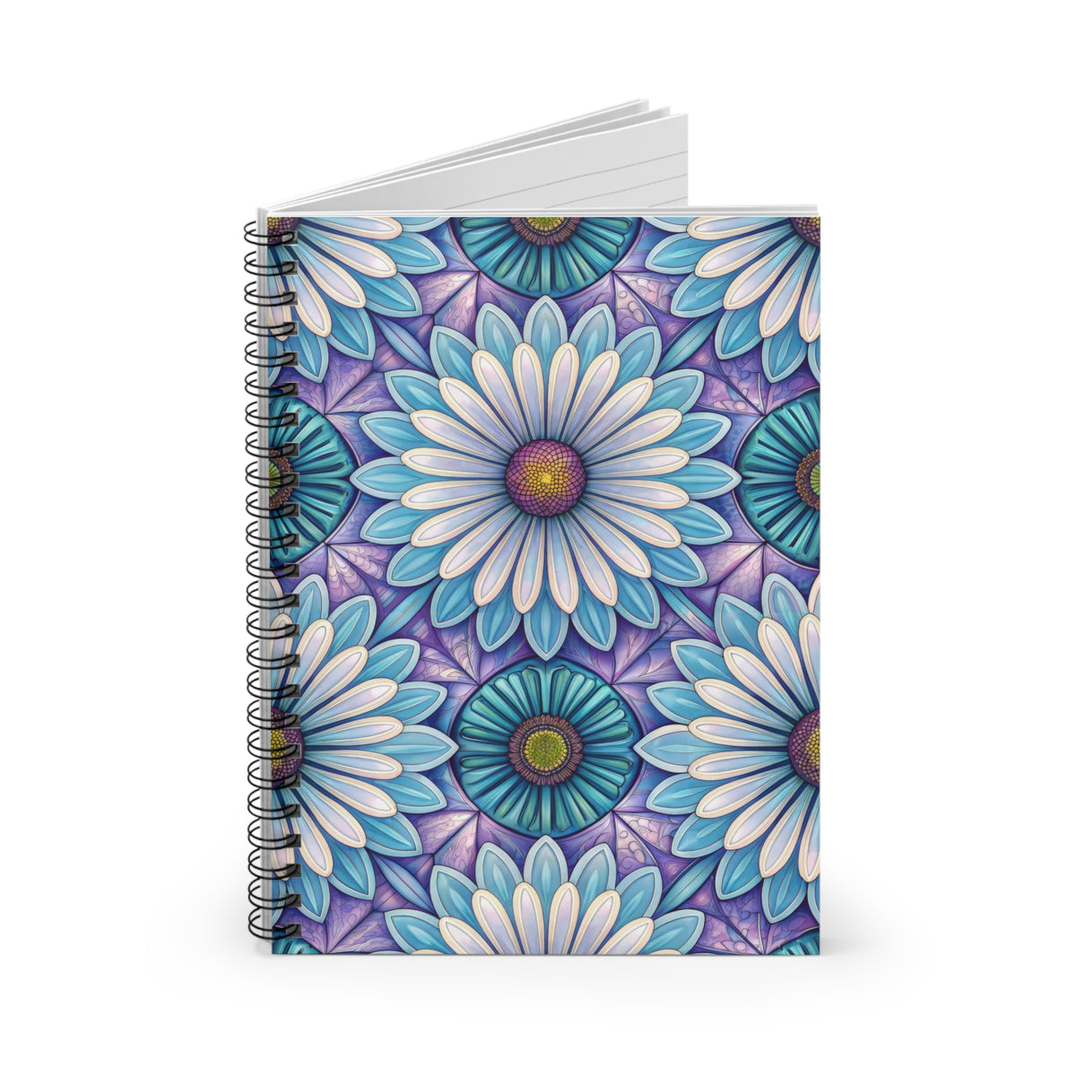 Spiral notebook with a blue and purple floral mandala pattern on the cover.