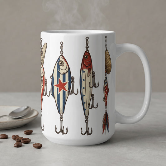 White mug featuring fishing lures with patriotic and vintage designs.