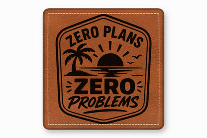 Brown leather patch featuring rounded corners, white stitching, and a black design with tropical sunset and text.
