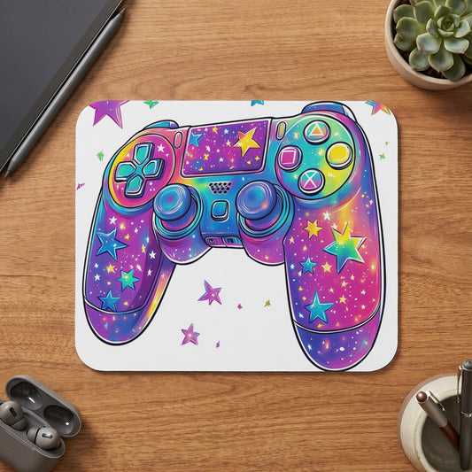 Gaming controller with a vibrant, starry, rainbow galaxy pattern on a white mat.