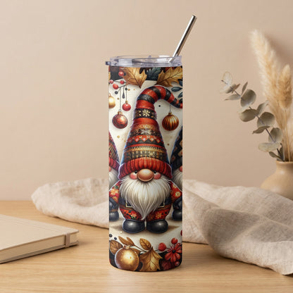 Skinny tumbler with a festive gnome and Christmas ornaments design.