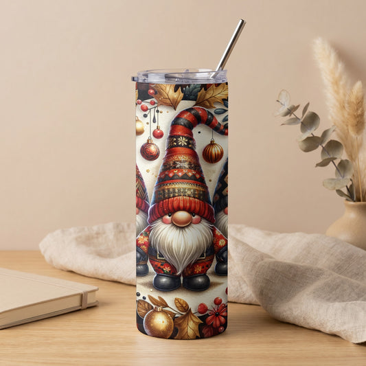 Skinny tumbler with a festive gnome and Christmas ornaments design.