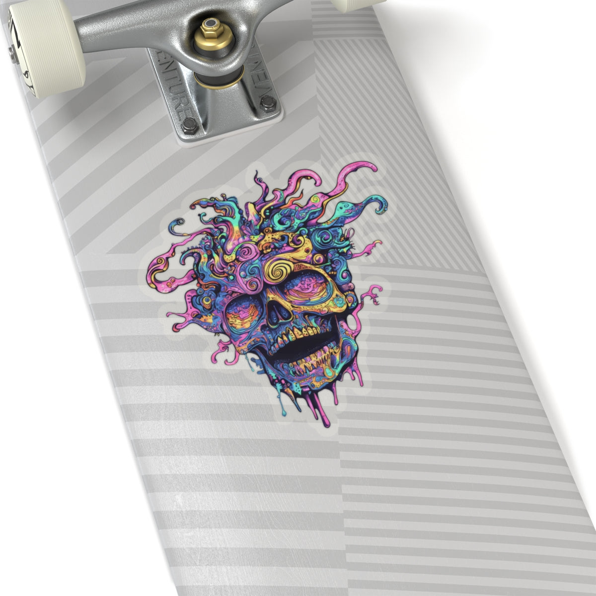 Colorful, abstract skull sticker with swirling patterns on a skateboard.