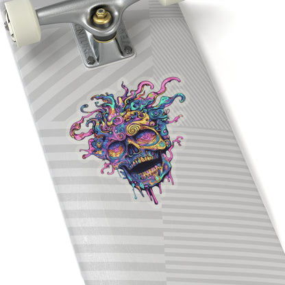 Colorful, abstract skull sticker with swirling patterns on a skateboard.