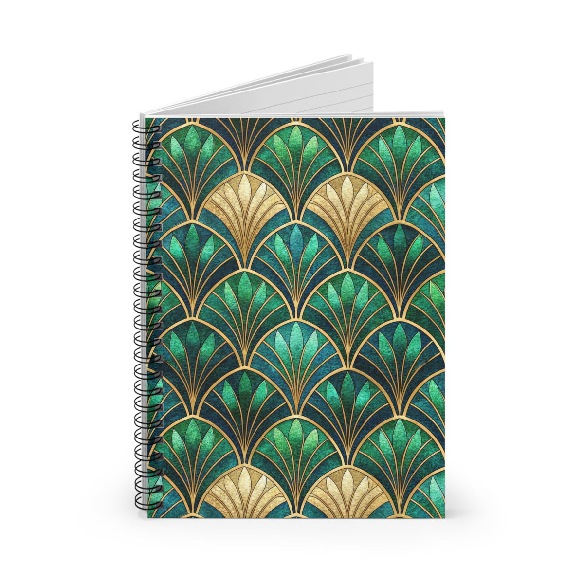 Spiral-bound notebook with an Art Deco fan pattern in emerald green and gold.