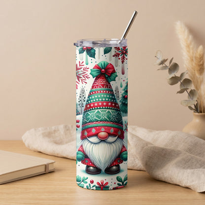Christmas gnome tumbler with snowflake pattern and metal straw.