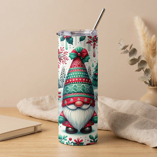 Christmas gnome tumbler with snowflake pattern and metal straw.