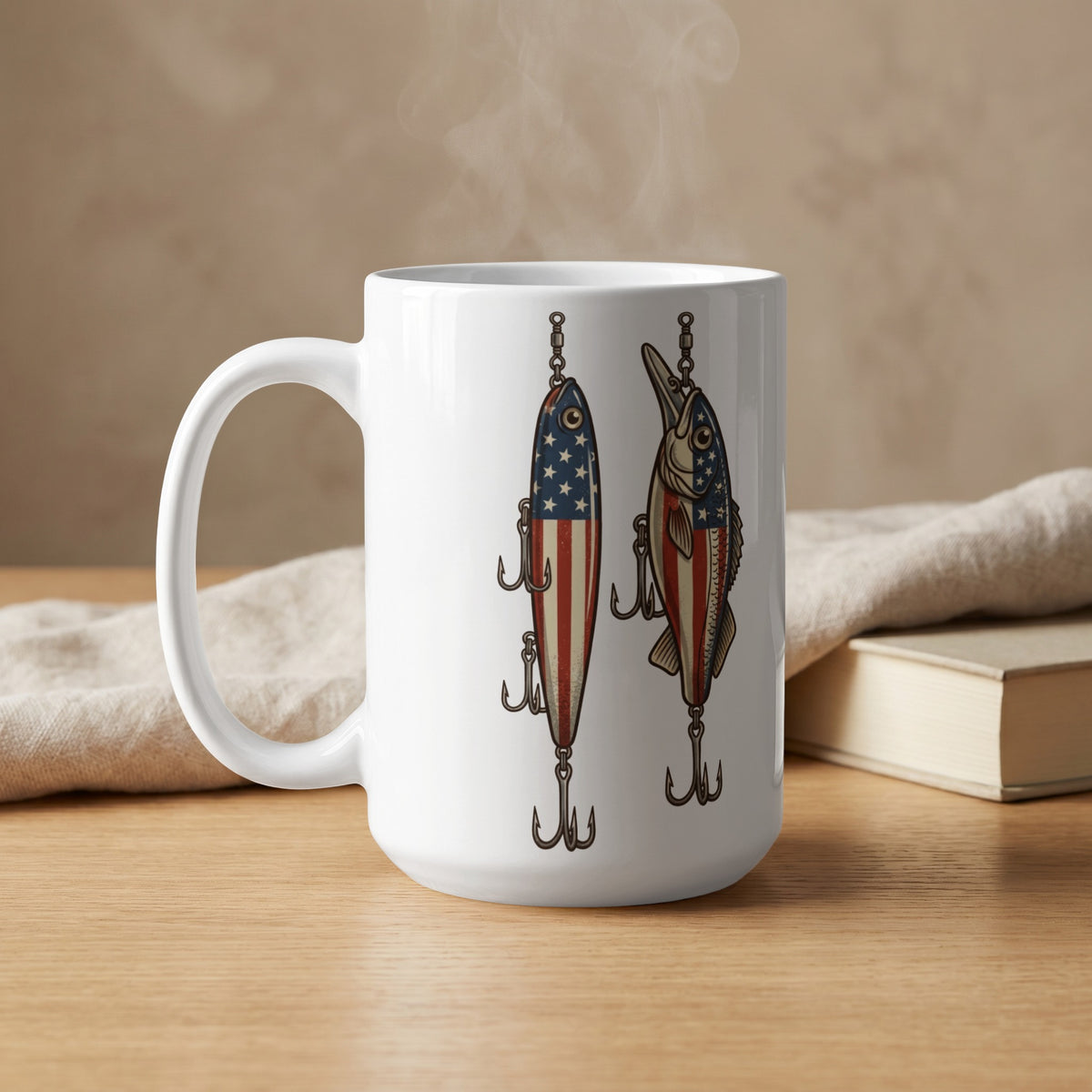 White mug with steaming liquid and fishing lures featuring American flag design.