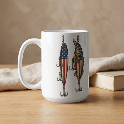White mug with steaming liquid and fishing lures featuring American flag design.
