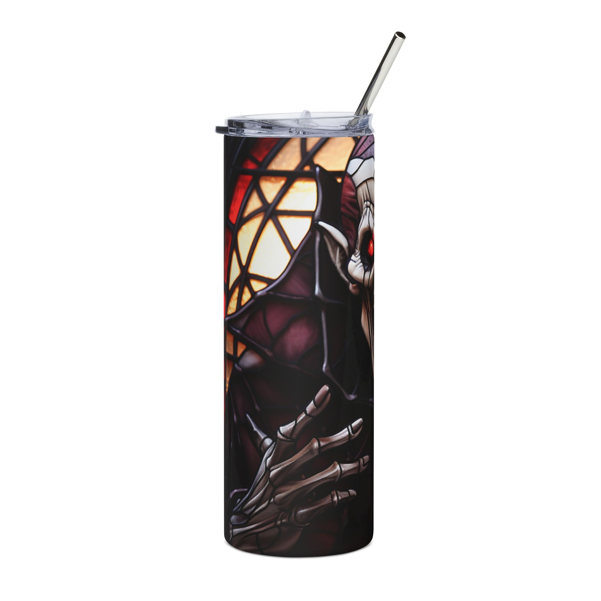 Tumbler with a gothic reaper design and stained glass window pattern.