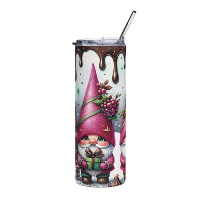 Tumbler with Christmas gnomes holding gifts and chocolate drizzle pattern.