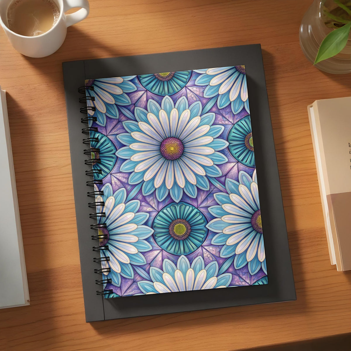 Spiral notebook with blue, purple, and white floral mandala pattern.