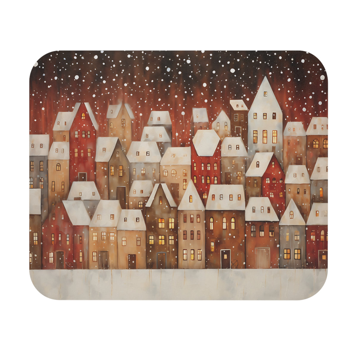 Winter village scene with snow falling on cozy, lit houses.