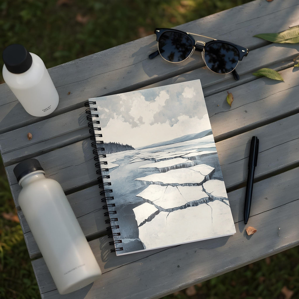 Spiral bound sketchbook open to a painting of cracked ice and trees on a bench.
