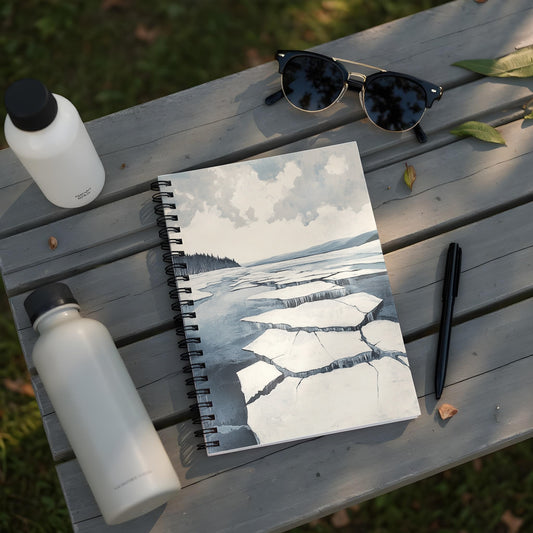 Spiral bound sketchbook open to a painting of cracked ice and trees on a bench.