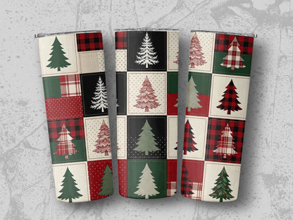 Three tumblers with a patchwork Christmas tree design in red, green, and white.
