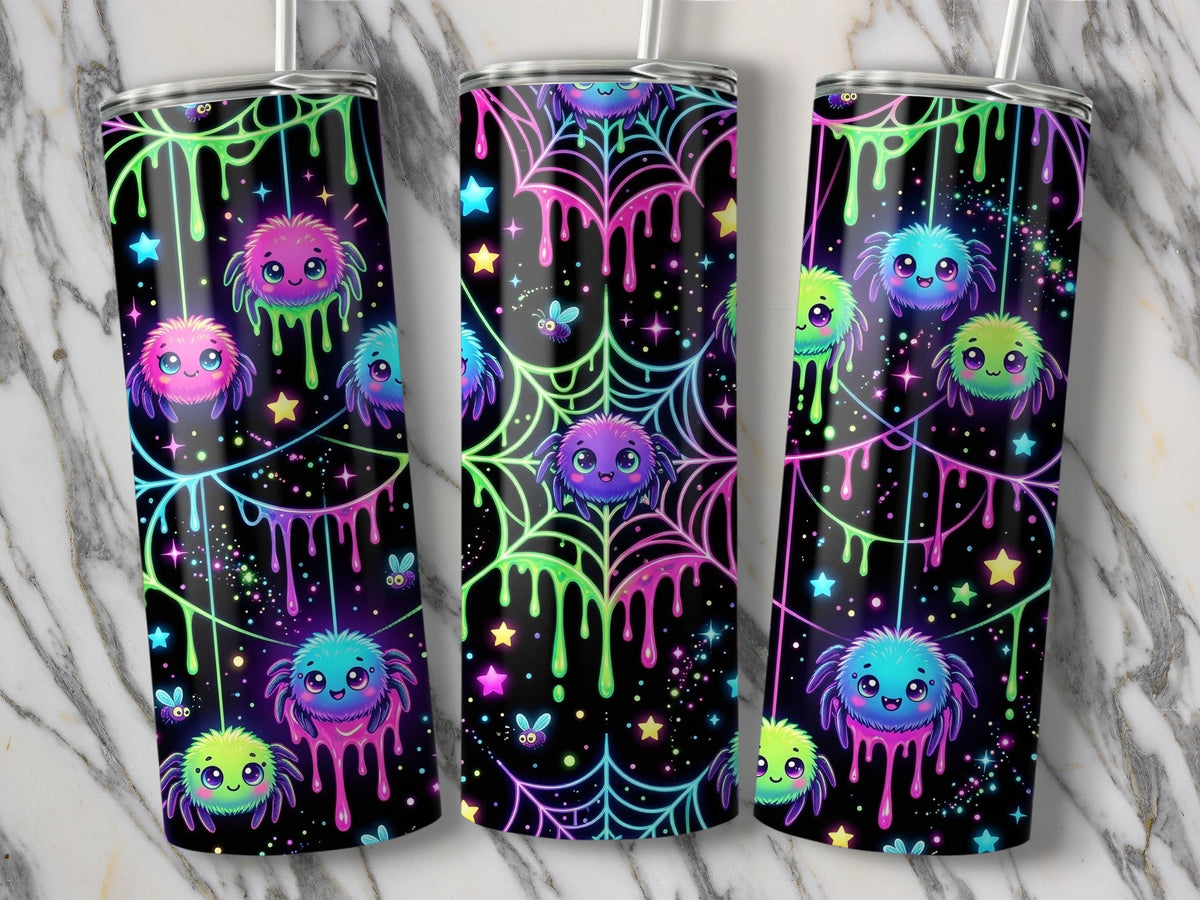 Three tumblers with cute, colorful cartoon spiders, spiderwebs, and stars on a black background.