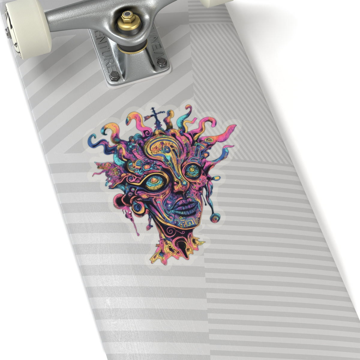 Colorful psychedelic face sticker on a skateboard with a silver truck.