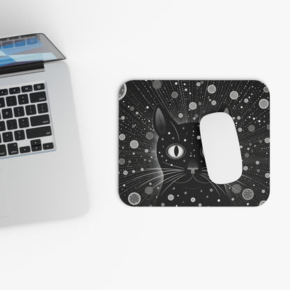 Black cat illustration on a mousepad with a white mouse and laptop.