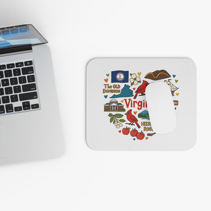Virginia themed mousepad with illustrations and text, next to a laptop.