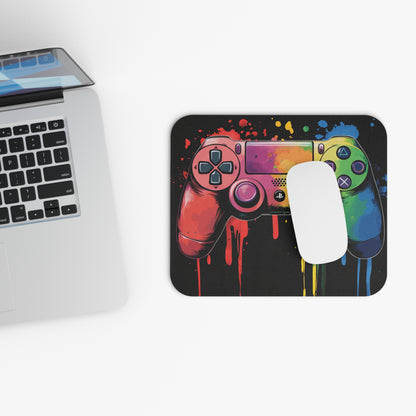 Mousepad with colorful dripping paint splatter gamepad graphic.