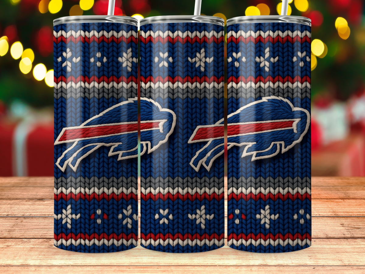 Three tumblers with Buffalo Bills logo and snowflake pattern.