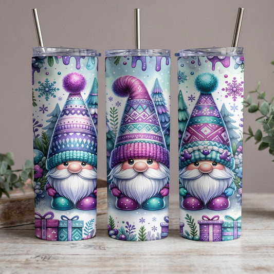 Three gnomes wearing patterned hats and holding gifts with a winter woodland background.