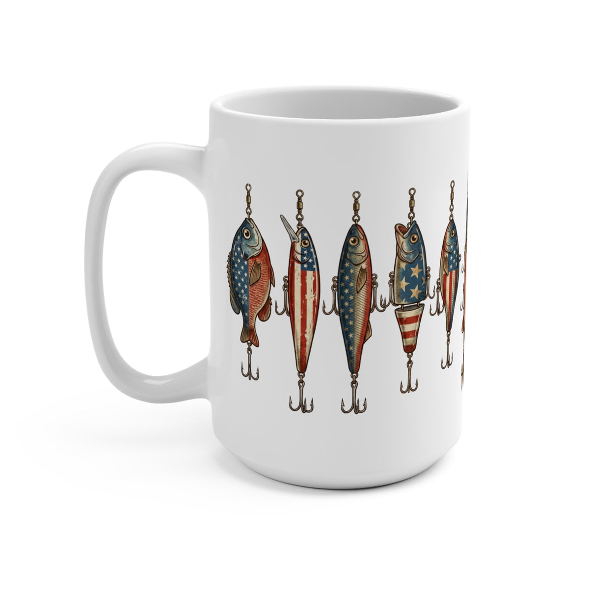 White mug with fishing lures decorated with American flag motifs.