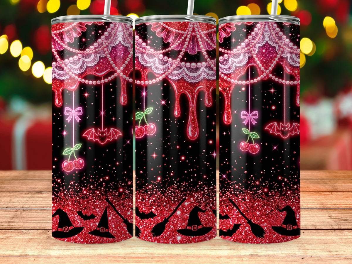 Three tumblers with a black and red glitter Halloween design.