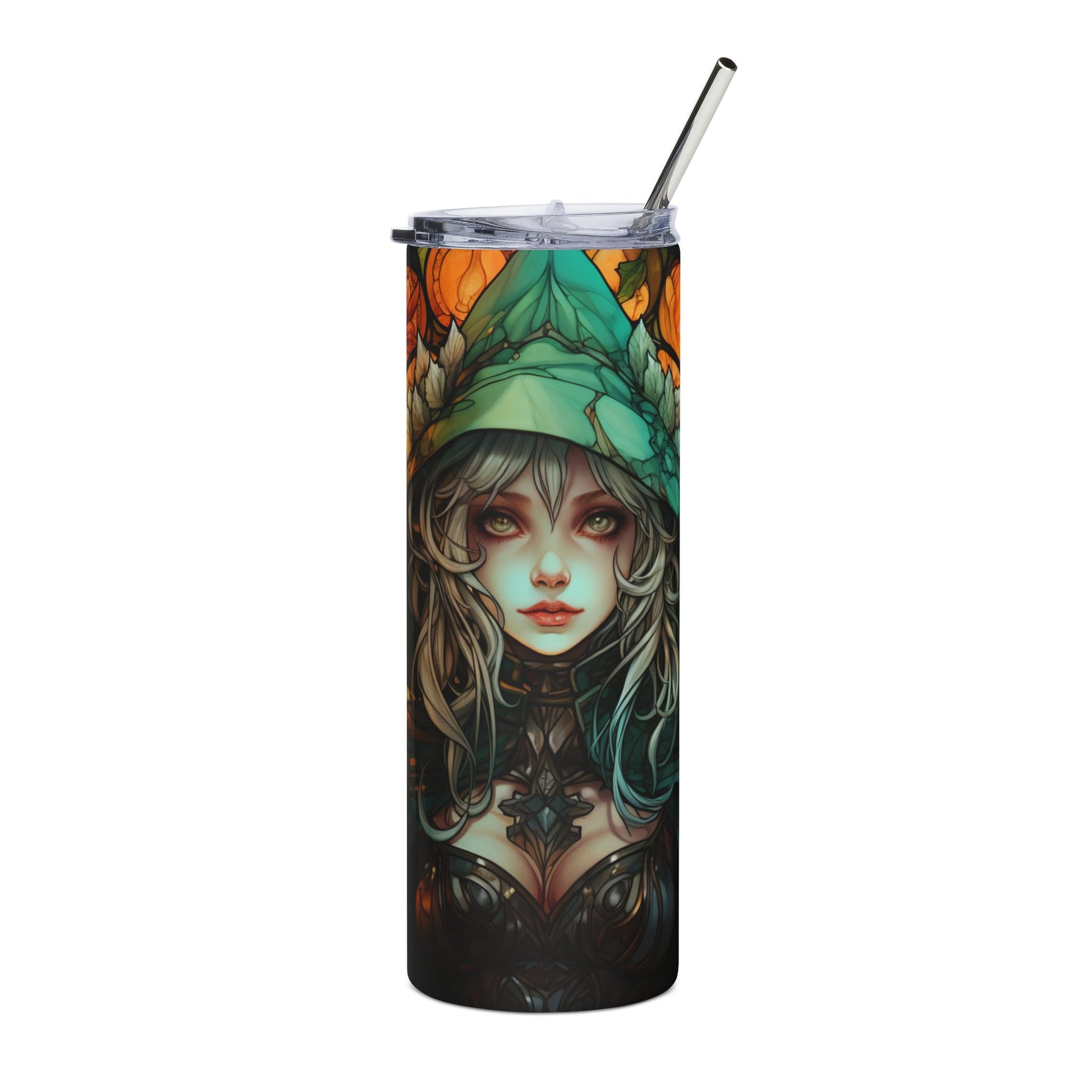 Tumbler with a fantasy witch illustration and silver straw.