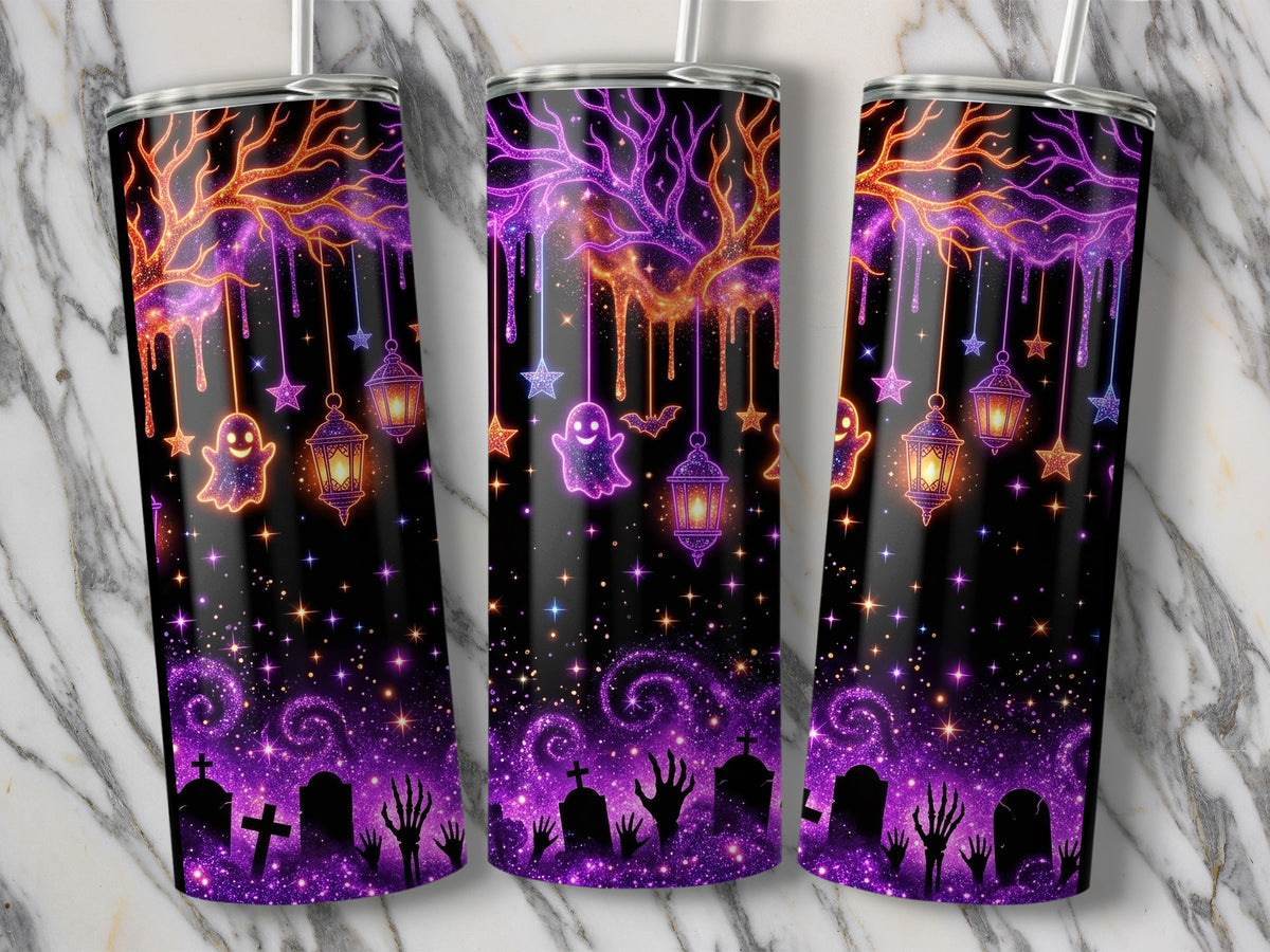 Halloween tumblers with spooky tree, ghosts, lanterns, and graveyard scene.