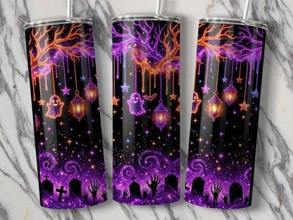Halloween tumblers with spooky tree, ghosts, lanterns, and graveyard scene.