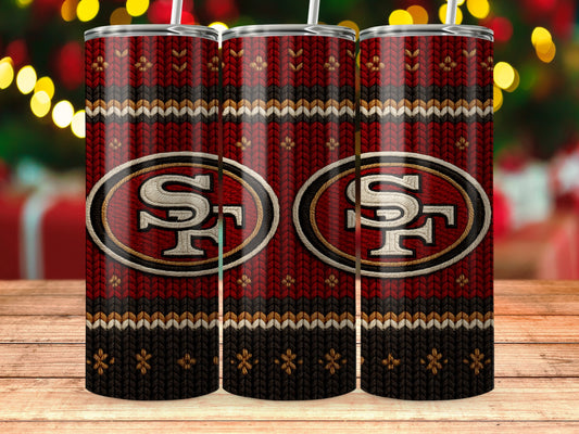 San Francisco 49ers logo on a red knit tumbler with holiday background.