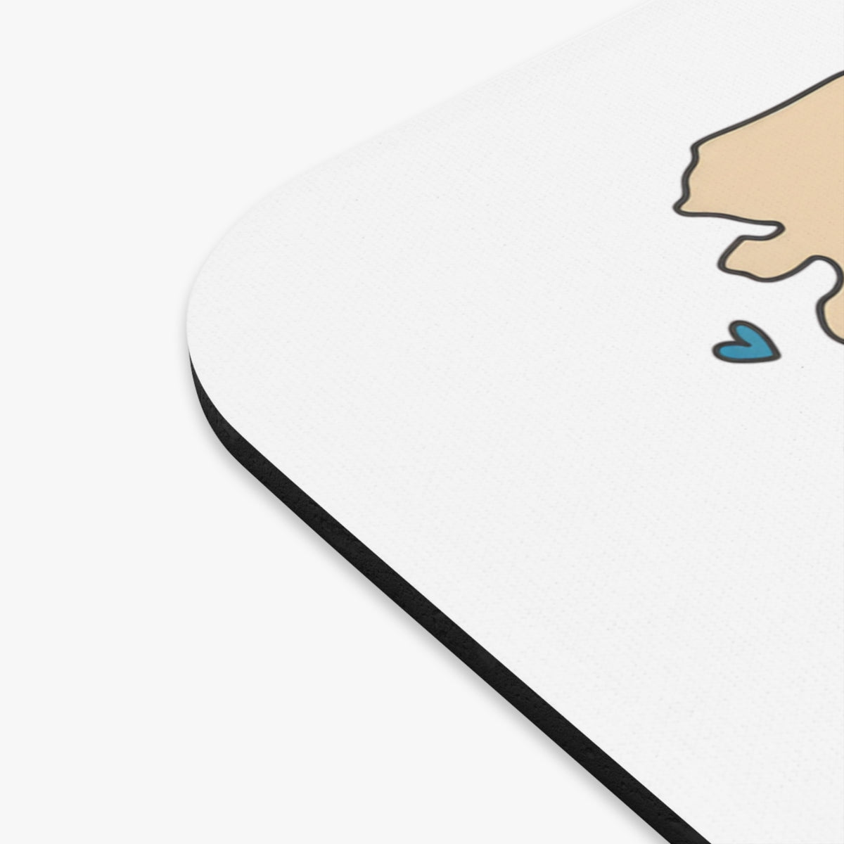 White mousepad with outline of a tan cat and a blue heart.