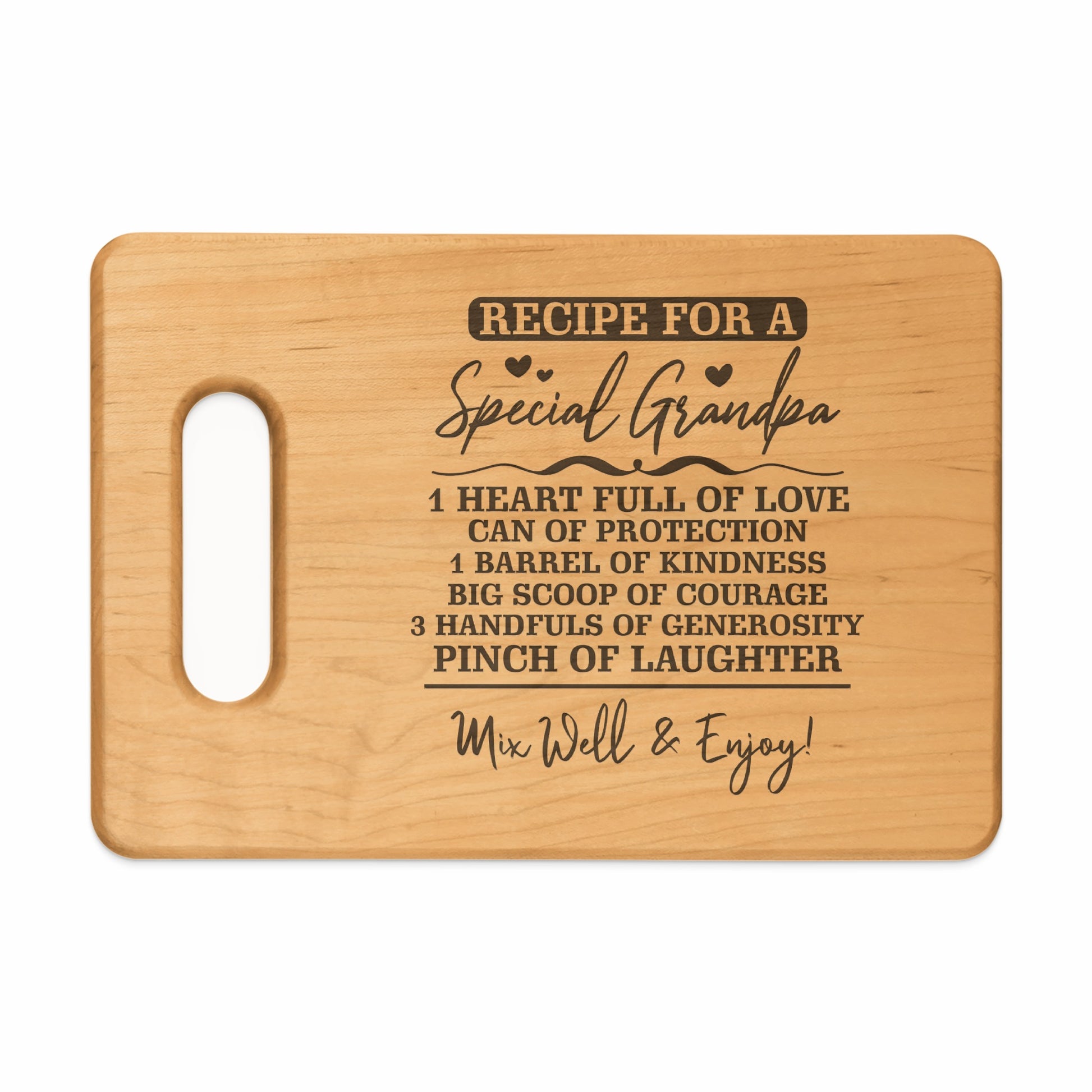 Wooden cutting board with "Recipe for a Special Grandpa" and ingredients listed.