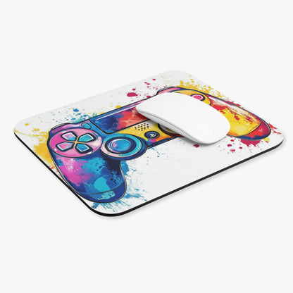 Gaming mousepad with colorful abstract controller design and white mouse.